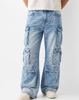 BLUE WASH BAGGY FIT JEAN WITH WHISKERS AND CARGO POCKETS