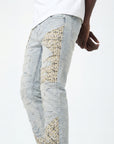BLUE WASH SKINNY JEAN WITH TWEED PATCHES