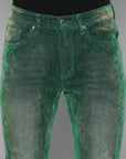 GREEN VELVET COATED STACKED JEAN