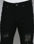JET BLACK SKINNY JEAN WITH STUDDED BACKED RIPS
