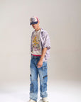 BLUE WASH BAGGY CARGO JEANS WITH BLASTING AND WHISKERS