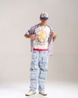 Blue Floral Baggy Jeans with Cargo Pockets