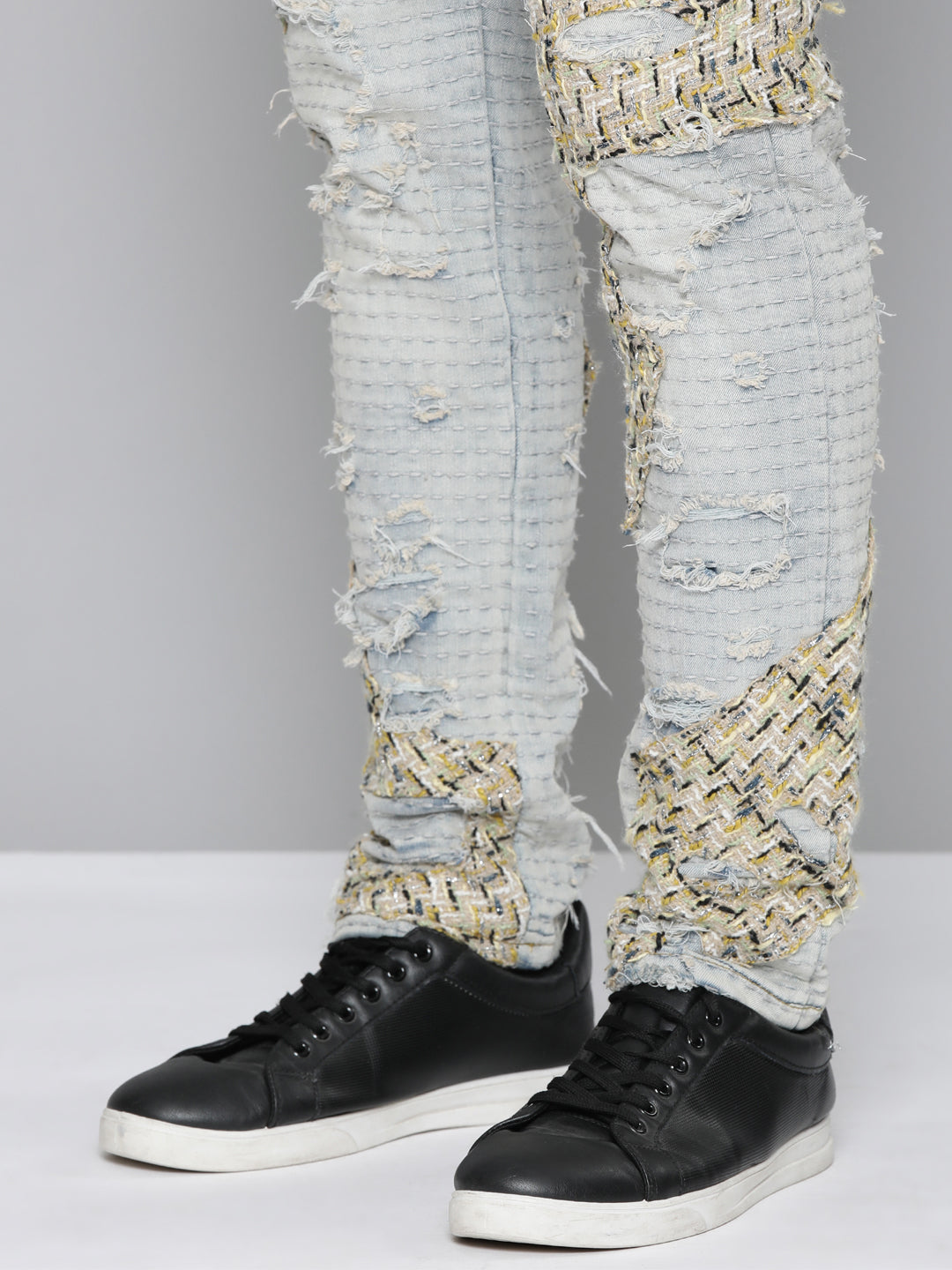 BLUE WASH SKINNY JEAN WITH TWEED PATCHES