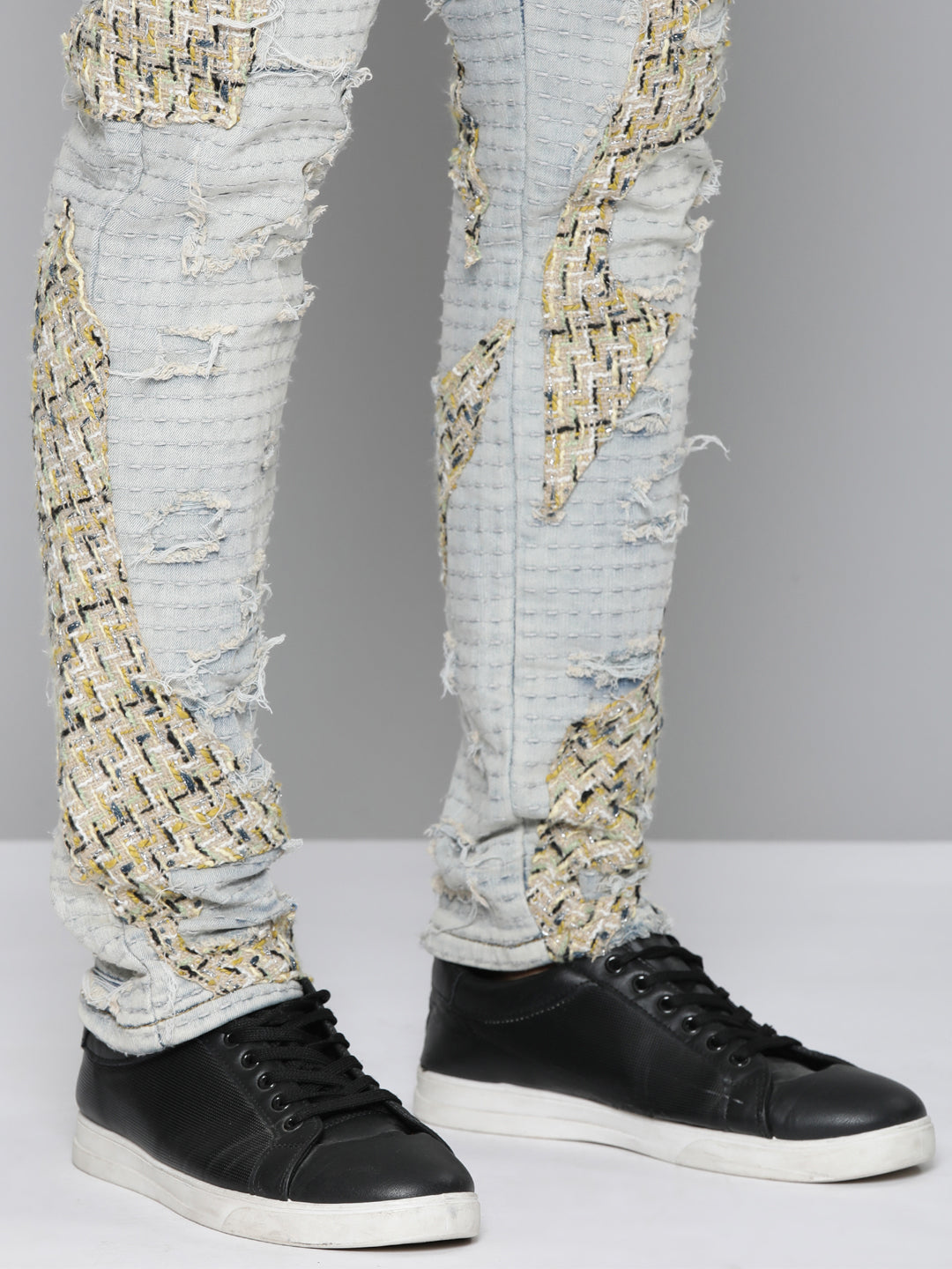 BLUE WASH SKINNY JEAN WITH TWEED PATCHES