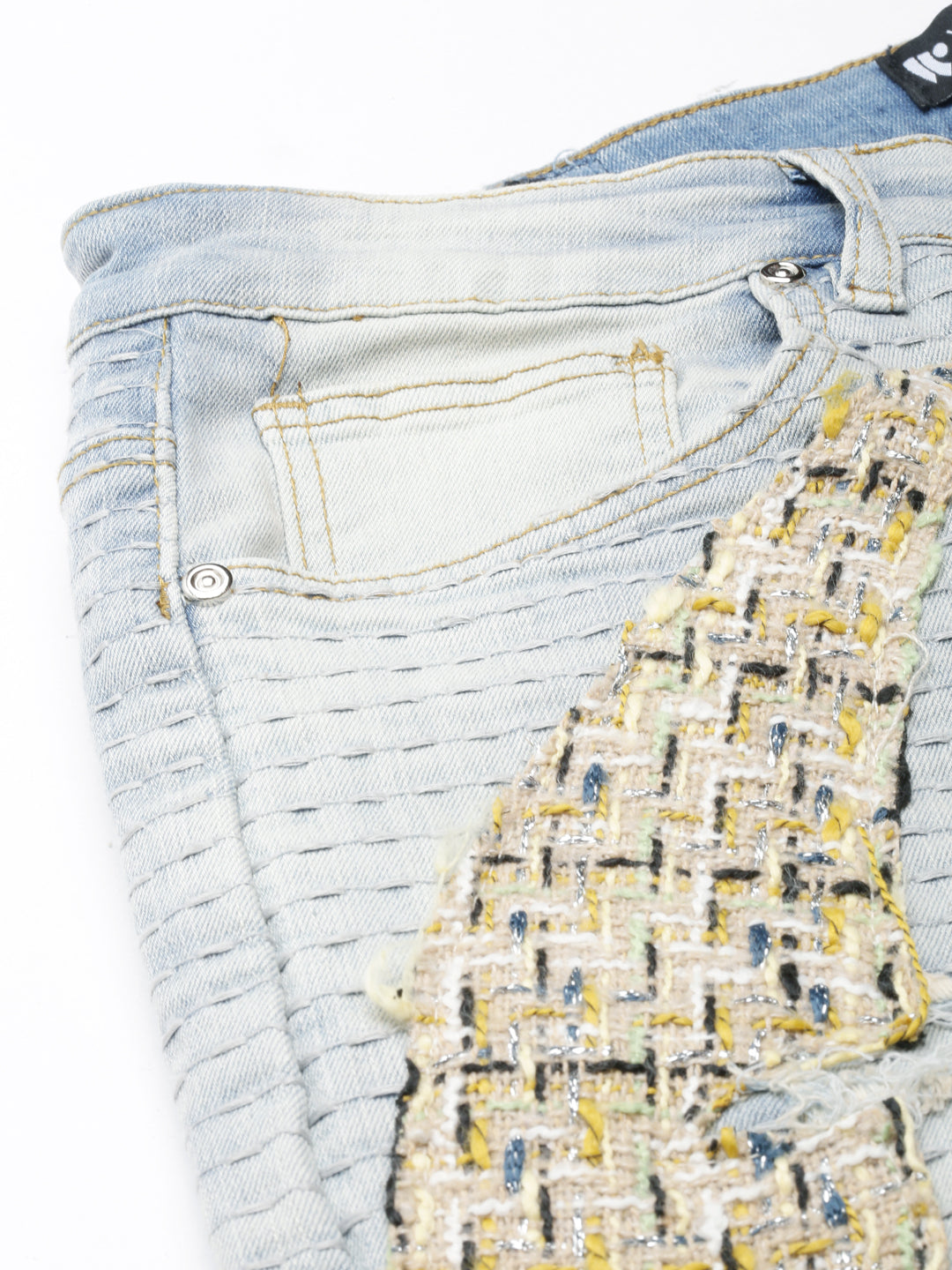 BLUE WASH SKINNY JEAN WITH TWEED PATCHES