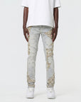 BLUE WASH SKINNY JEAN WITH TWEED PATCHES