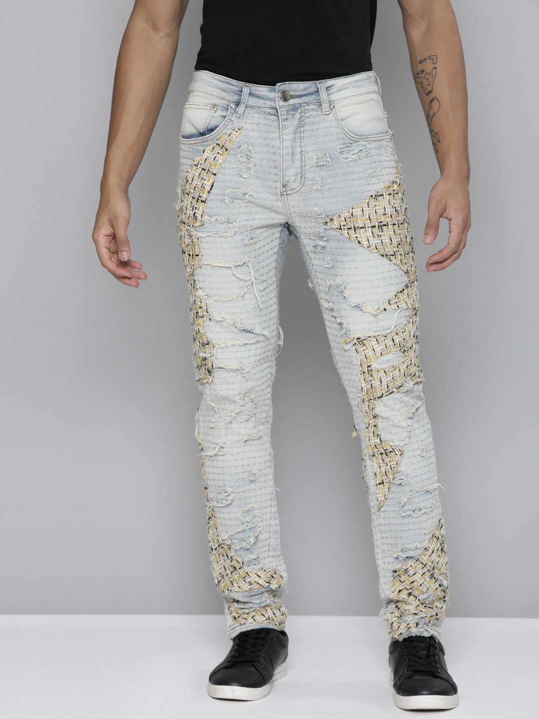 BLUE WASH SKINNY JEAN WITH TWEED PATCHES