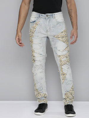 BLUE WASH SKINNY JEAN WITH TWEED PATCHES