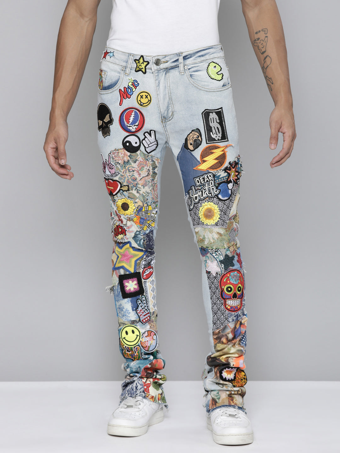 Blue Patchwork Stacked Jeans