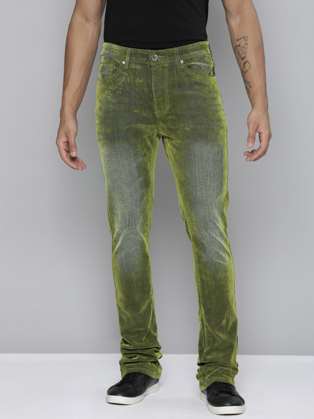 OLIVE VELVET COATED STACKED JEAN
