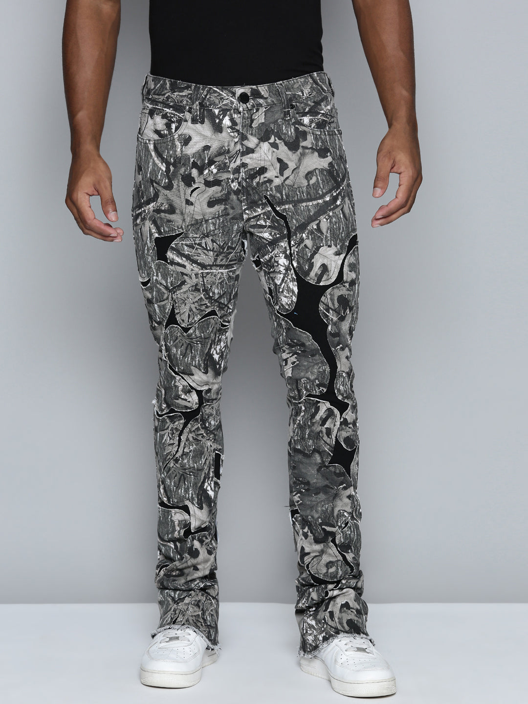 GREY CAMO OVERLAY PATCH STACKED JEAN