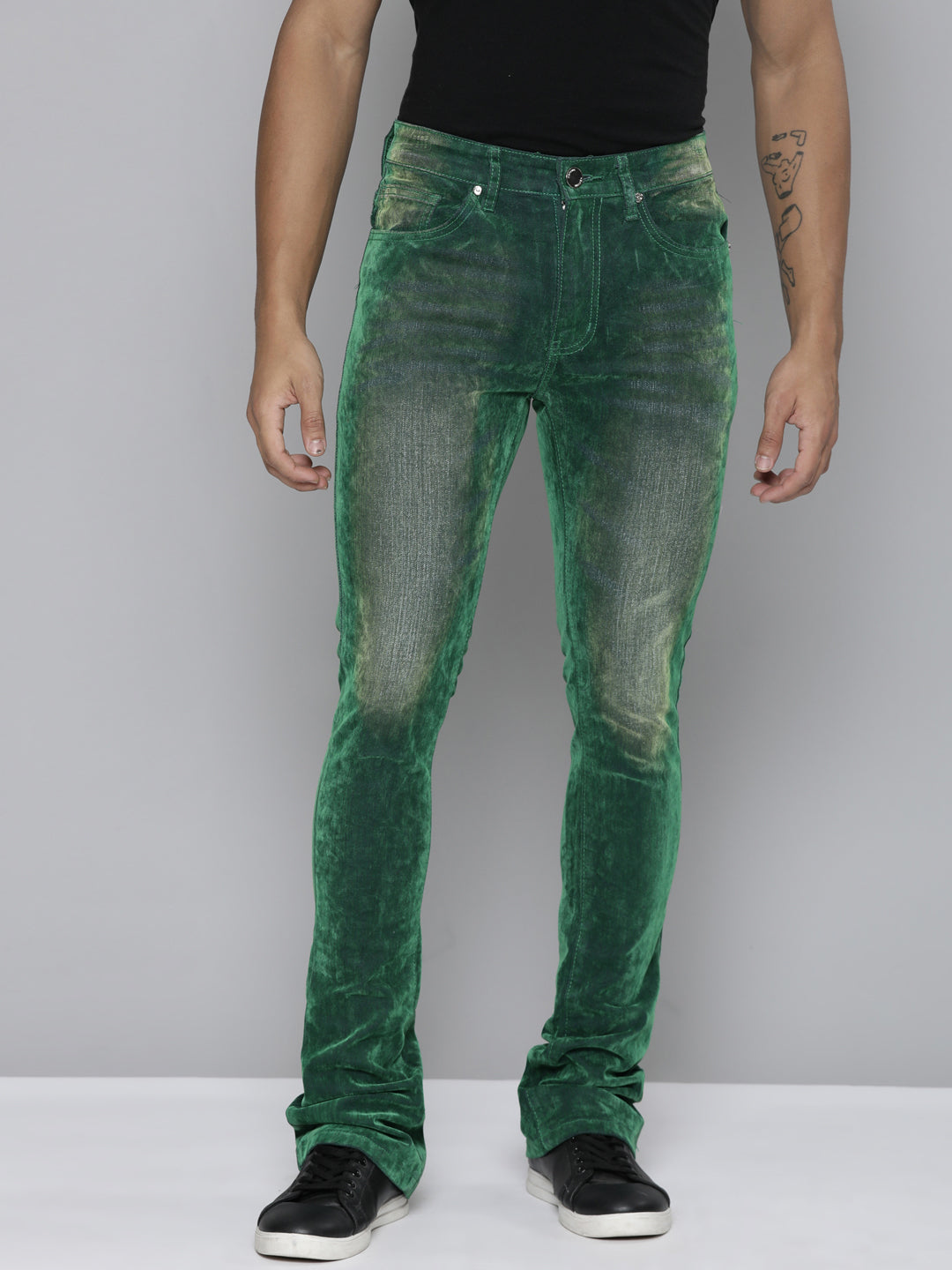 GREEN VELVET COATED STACKED JEAN