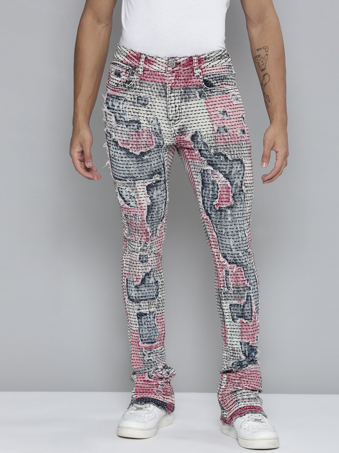 RED PATCHWORK ALL OVER STACKED JEAN