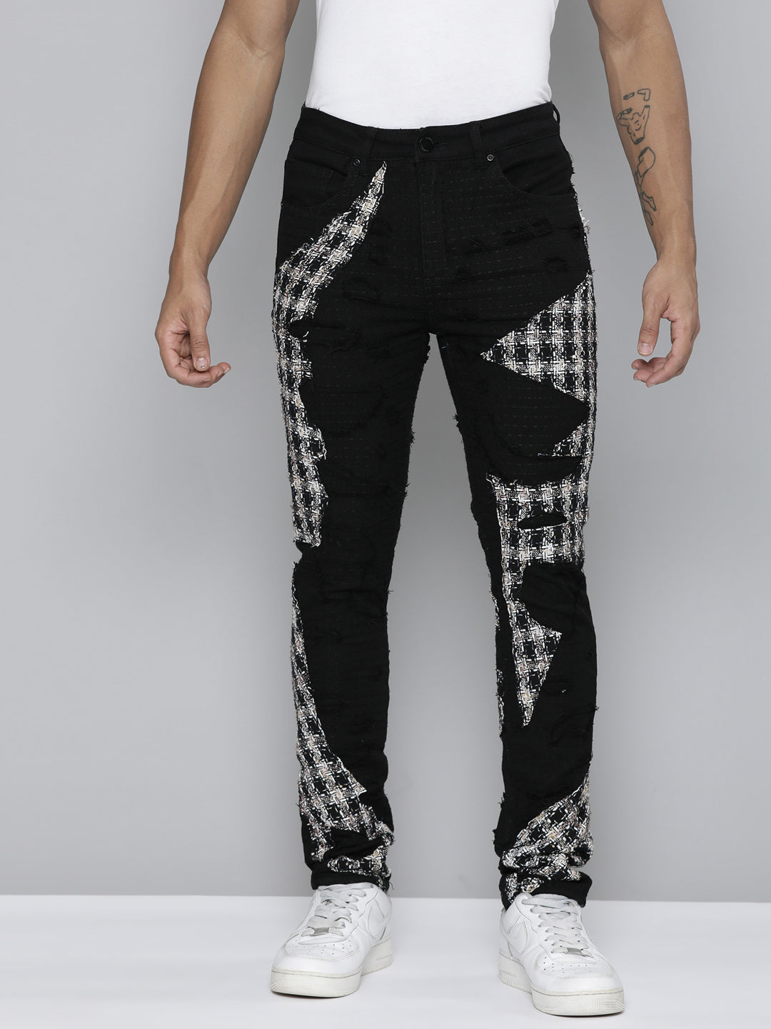JET BLACK SKINNY JEAN WITH TWEED PATCHES