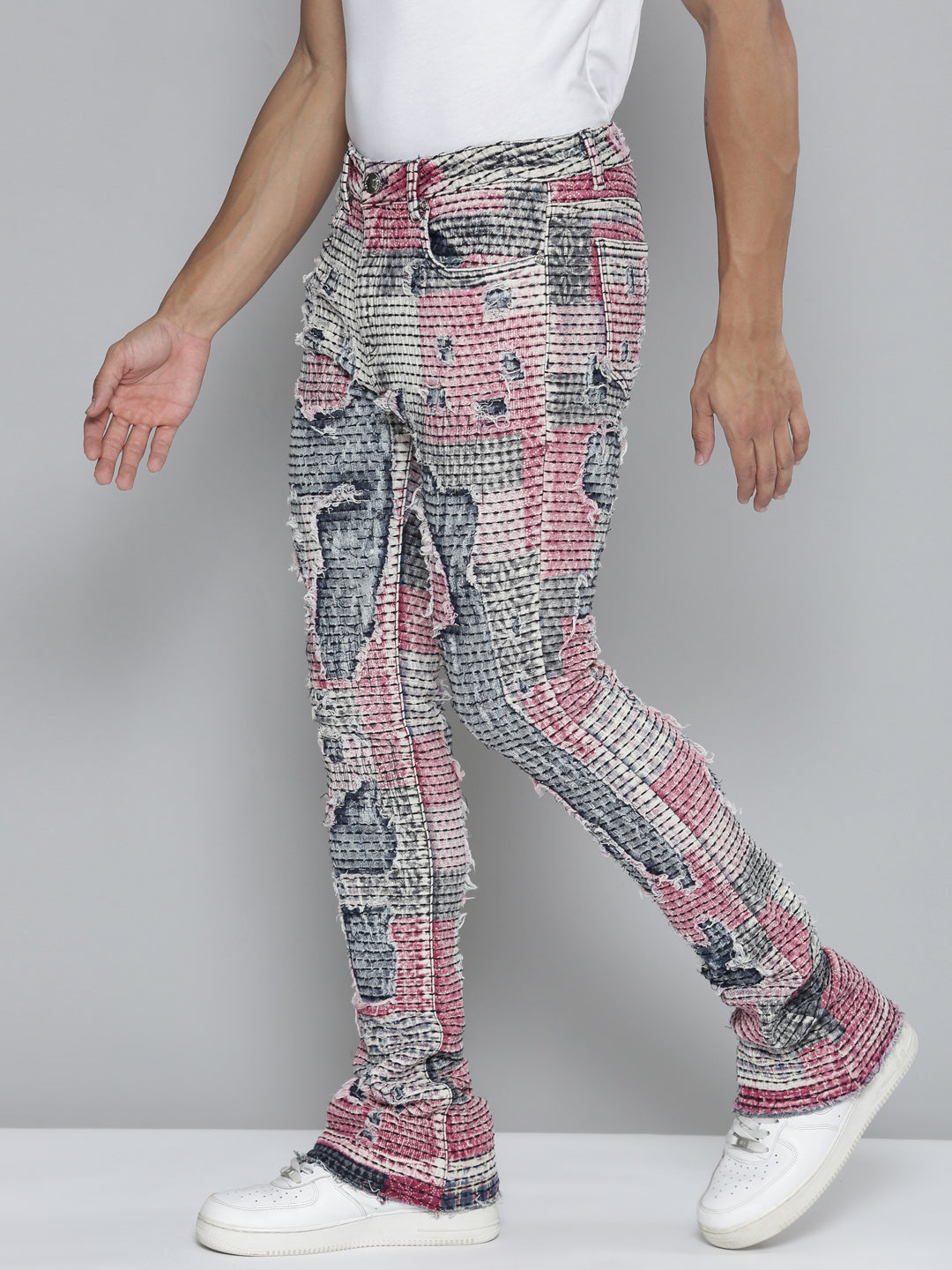 RED PATCHWORK ALL OVER STACKED JEAN