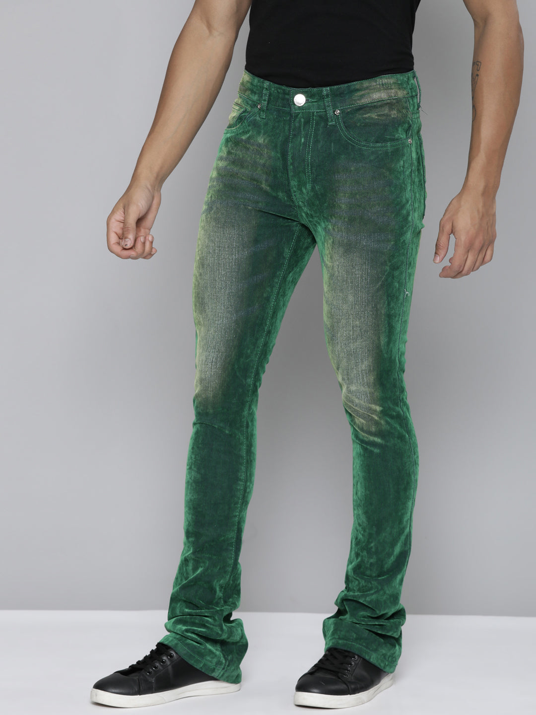GREEN VELVET COATED STACKED JEAN