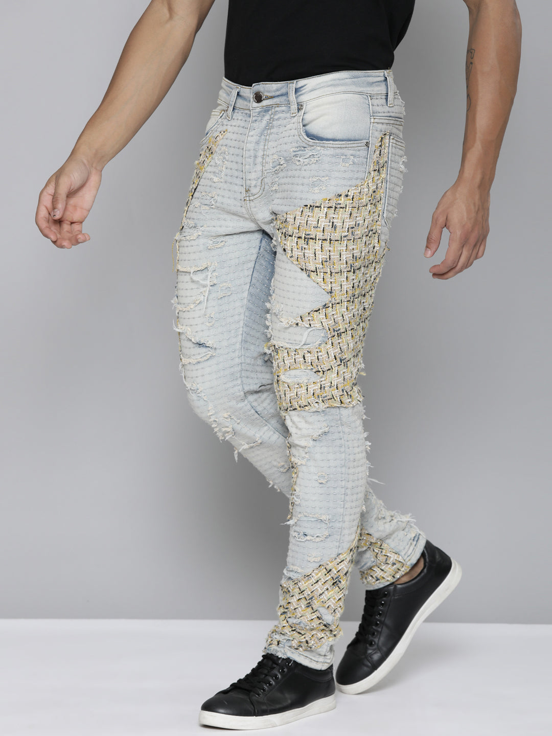 BLUE WASH SKINNY JEAN WITH TWEED PATCHES