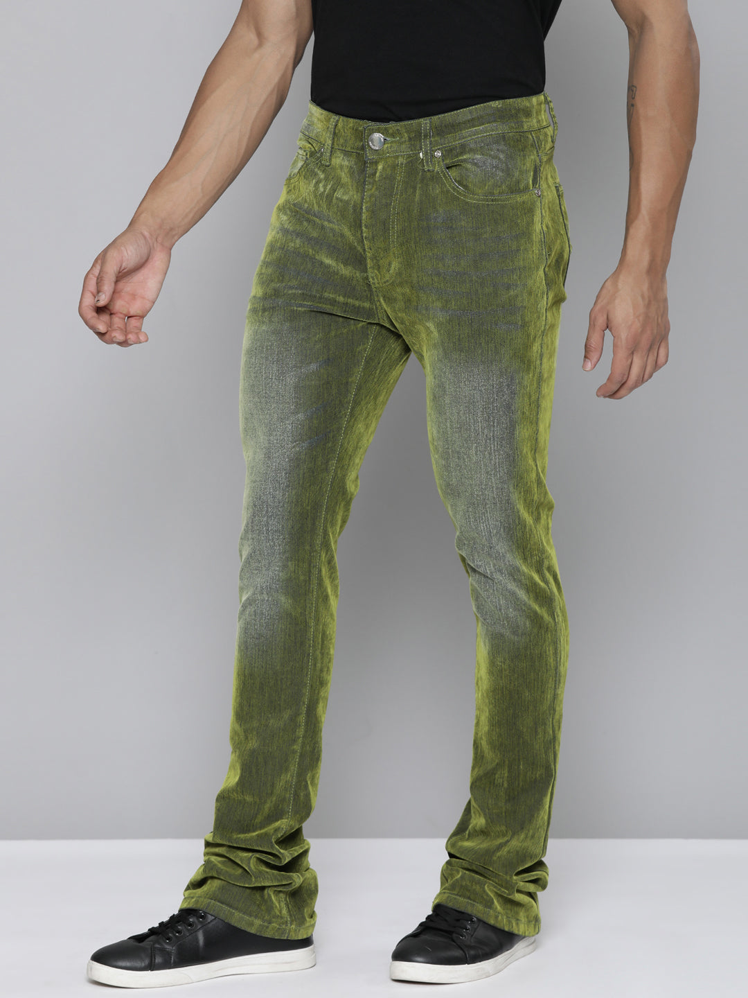 OLIVE VELVET COATED STACKED JEAN