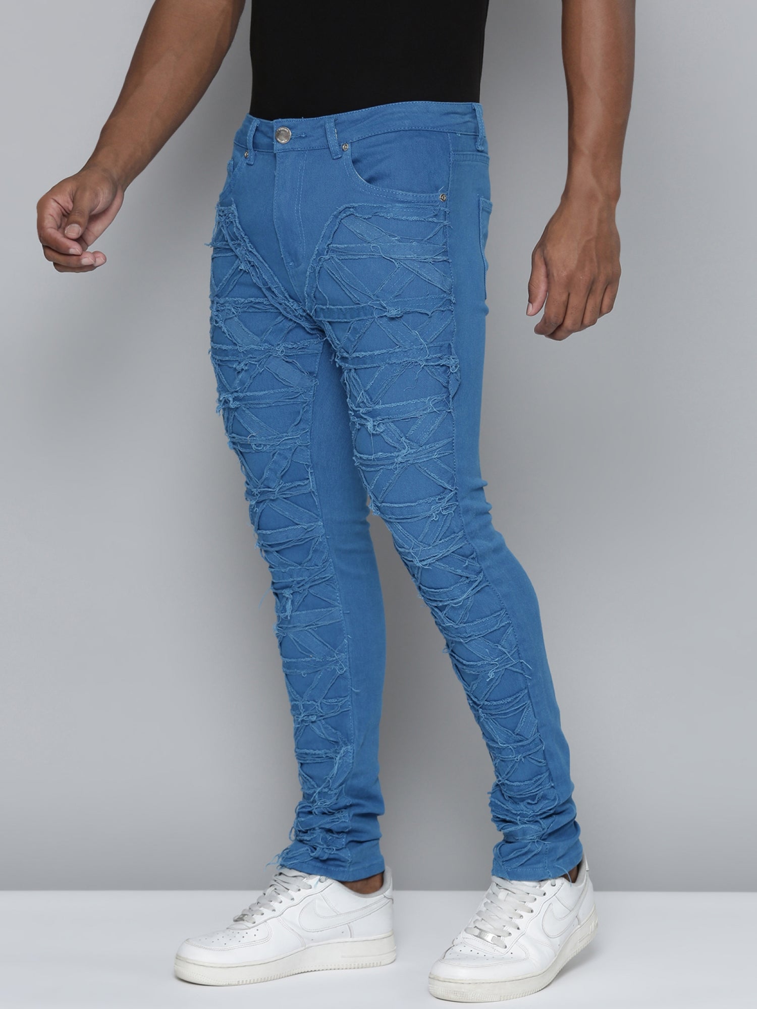 Cobalt Blue Distressed and Frayed Rips Skinny Denims