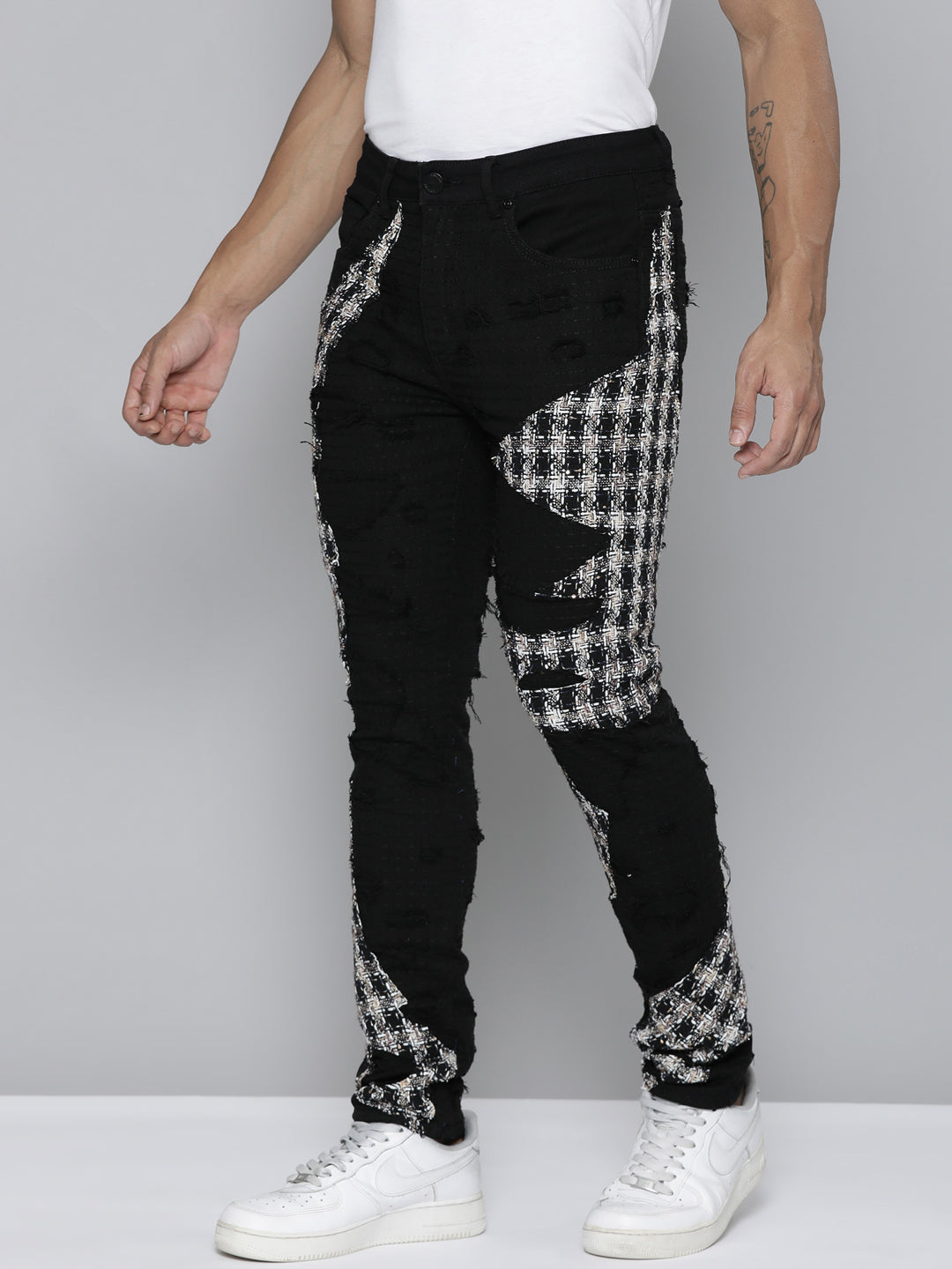 JET BLACK SKINNY JEAN WITH TWEED PATCHES