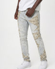 BLUE WASH SKINNY JEAN WITH TWEED PATCHES