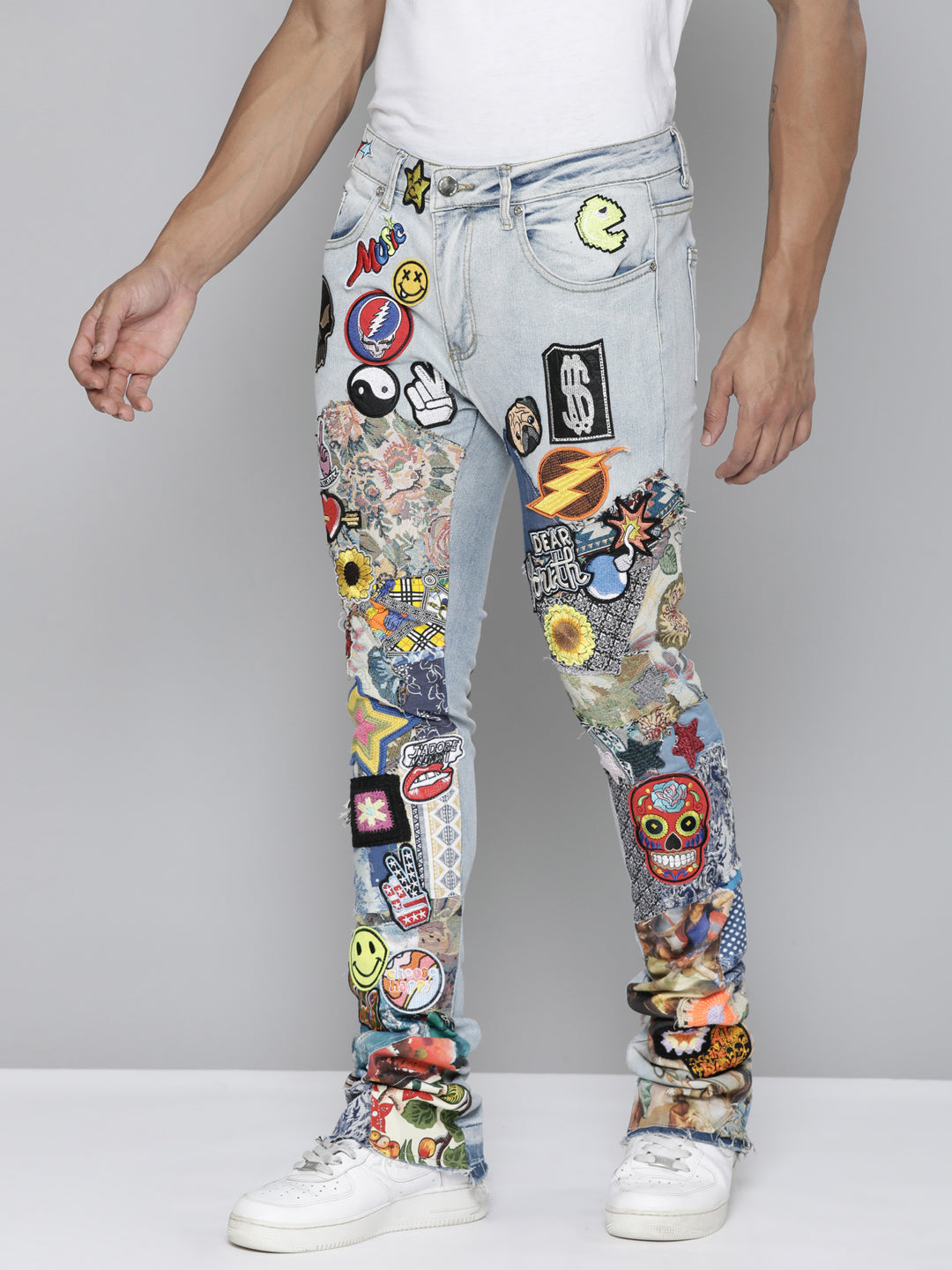 Blue Patchwork Stacked Jeans