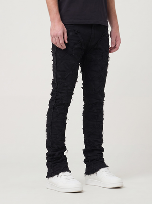 Jet Black Distressed and Frayed Rips Stacked Denims