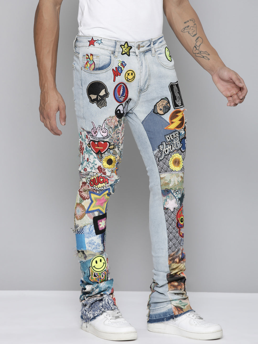 Blue Patchwork Stacked Jeans