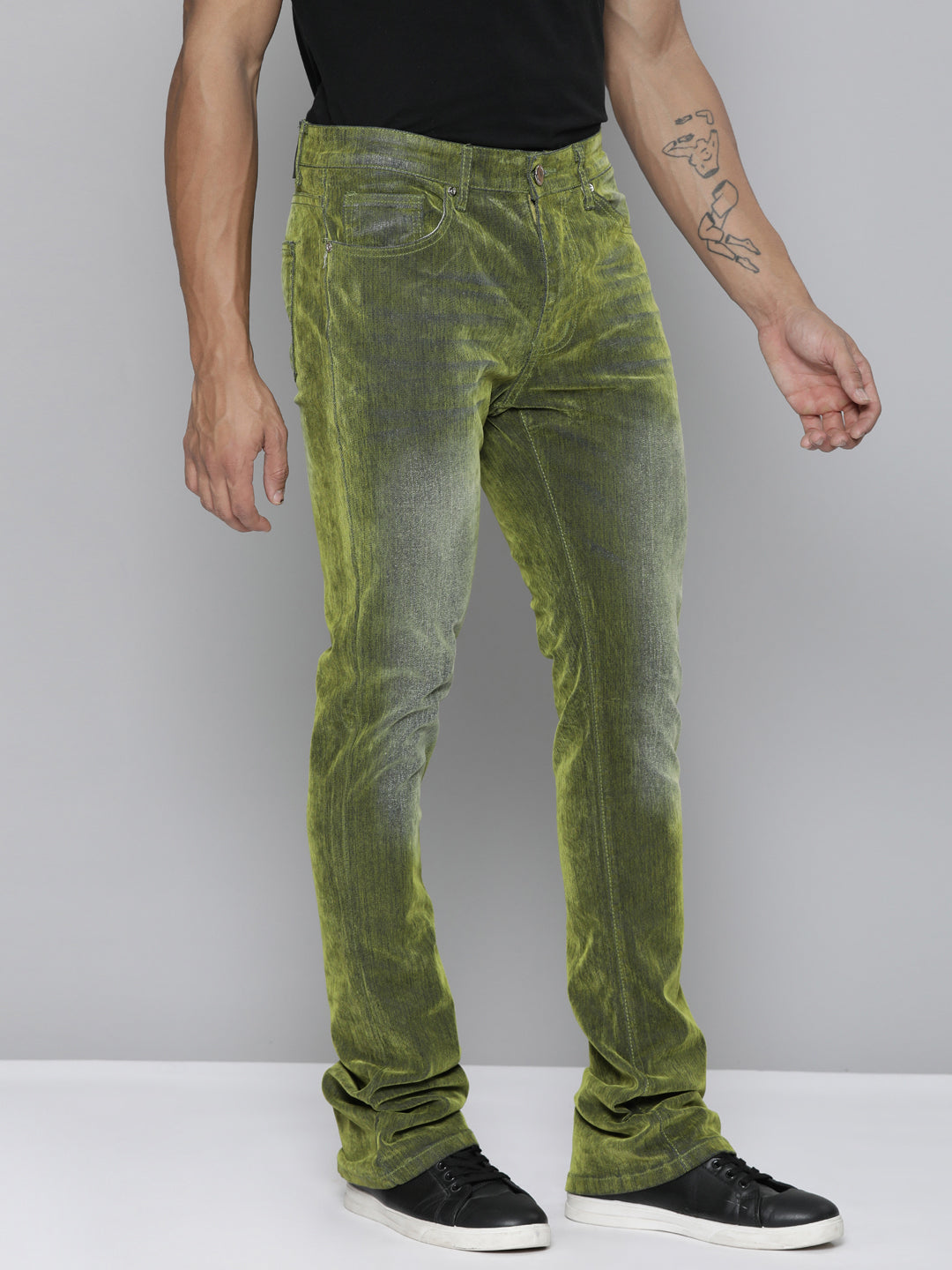 OLIVE VELVET COATED STACKED JEAN