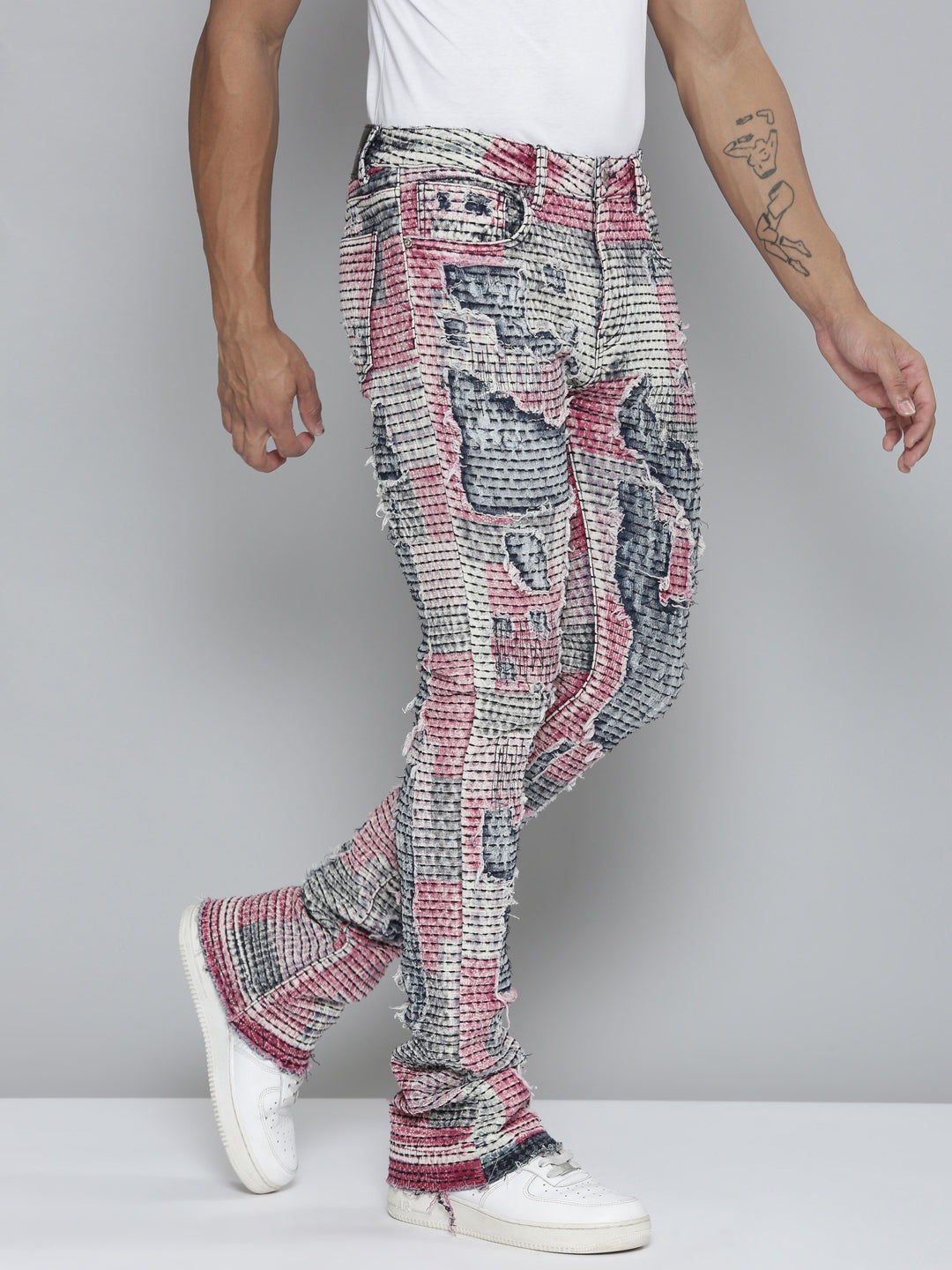 RED PATCHWORK ALL OVER STACKED JEAN