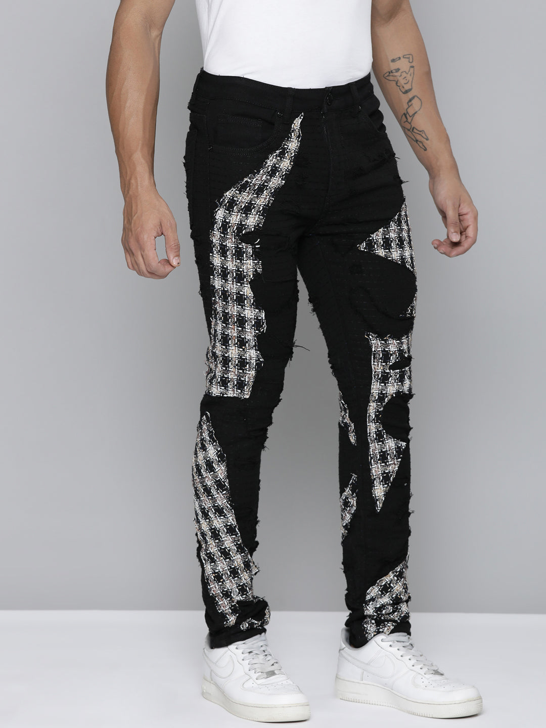 JET BLACK SKINNY JEAN WITH TWEED PATCHES