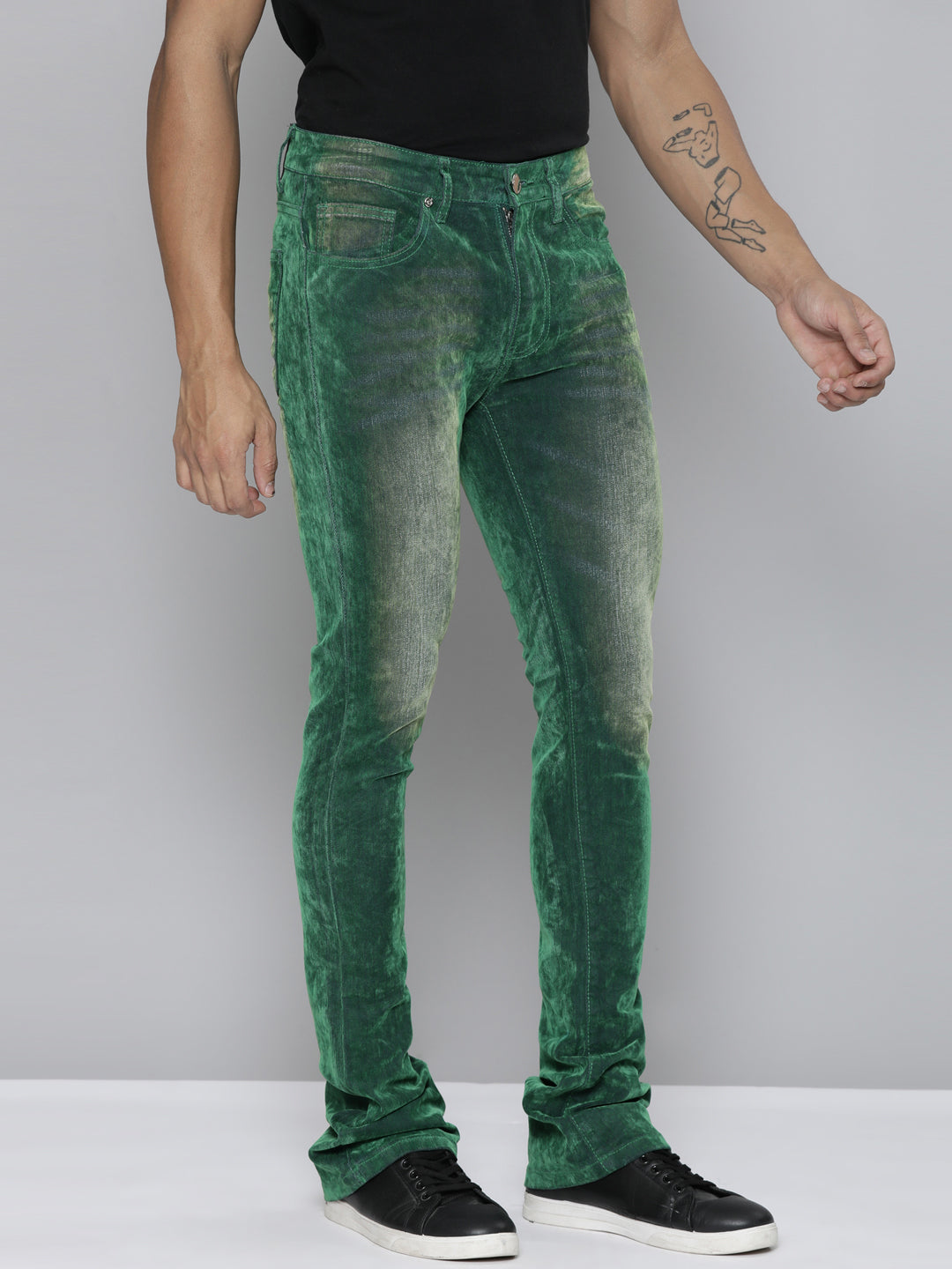 GREEN VELVET COATED STACKED JEAN