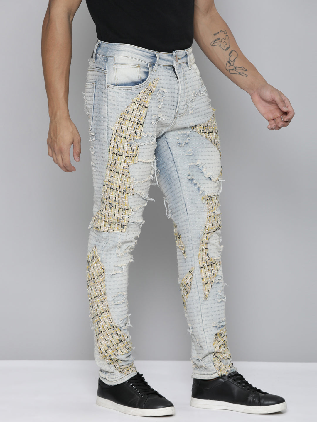 BLUE WASH SKINNY JEAN WITH TWEED PATCHES