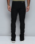 JET BLACK STACKED JEAN WITH FRINGE CUT AND SEW FROM TOP TO BOTTOM