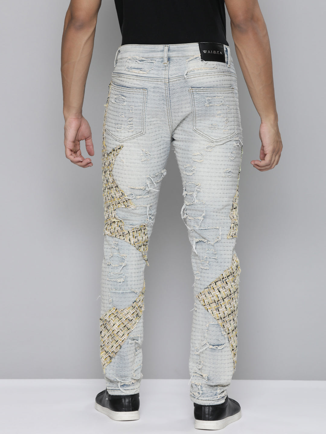 BLUE WASH SKINNY JEAN WITH TWEED PATCHES