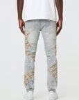 BLUE WASH SKINNY JEAN WITH TWEED PATCHES