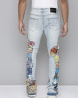 Blue Patchwork Stacked Jeans