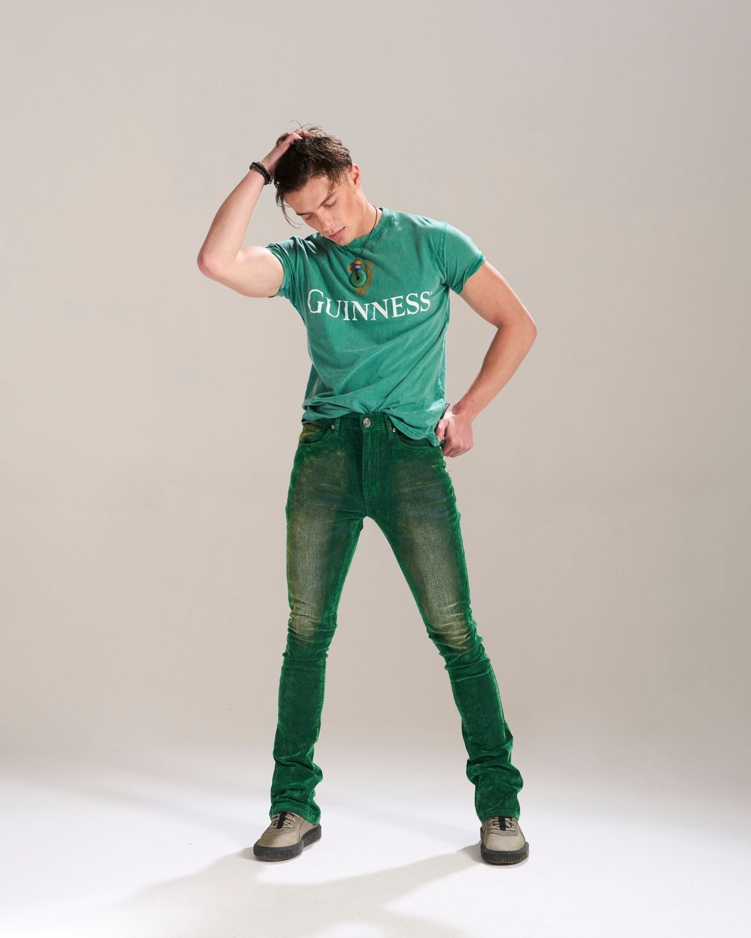 GREEN VELVET COATED STACKED JEAN