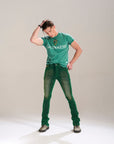 GREEN VELVET COATED STACKED JEAN