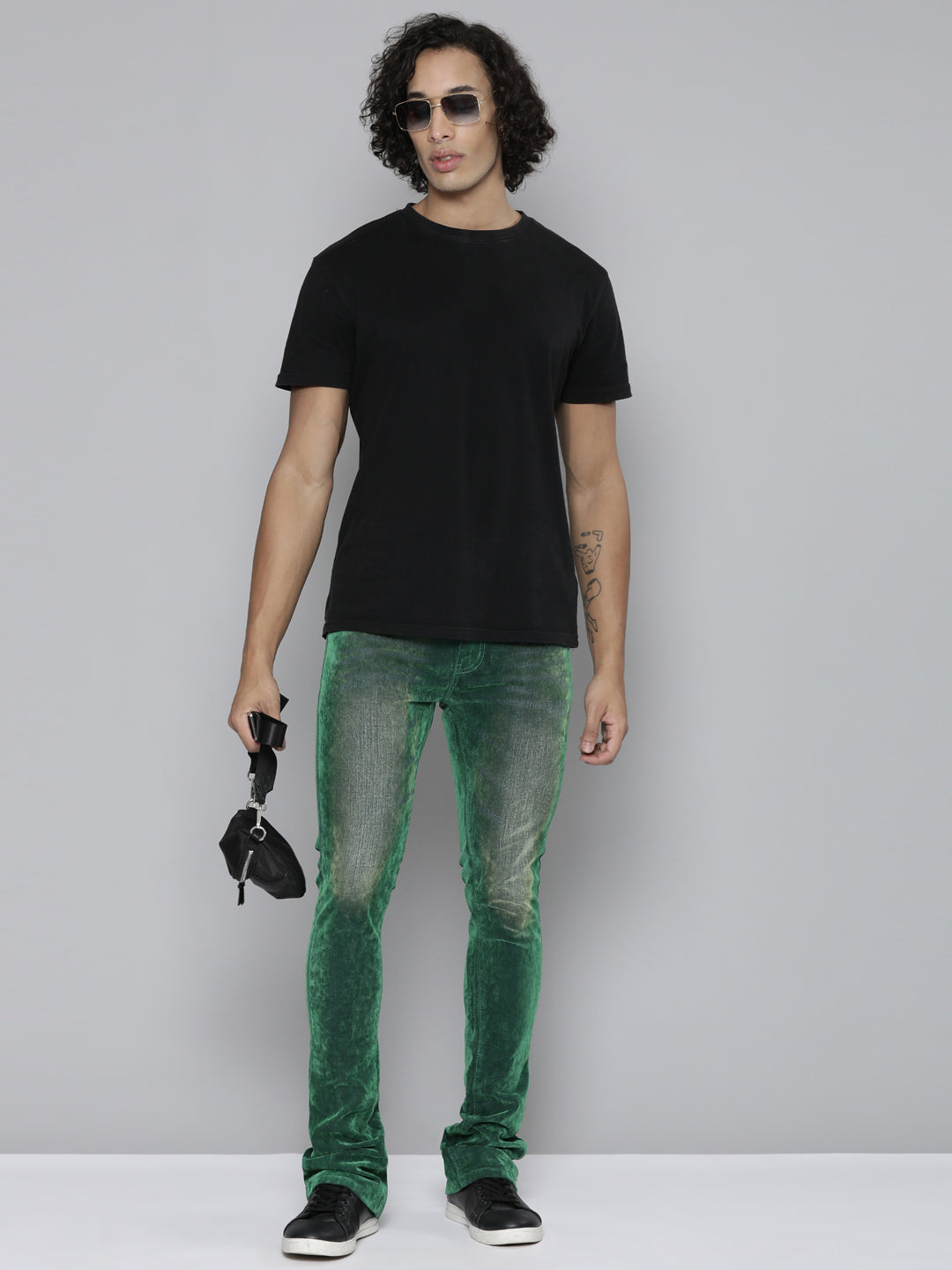 GREEN VELVET COATED STACKED JEAN