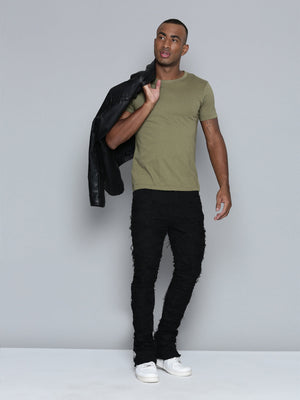 JET BLACK STACKED JEAN WITH FRINGE CUT AND SEW FROM TOP TO BOTTOM