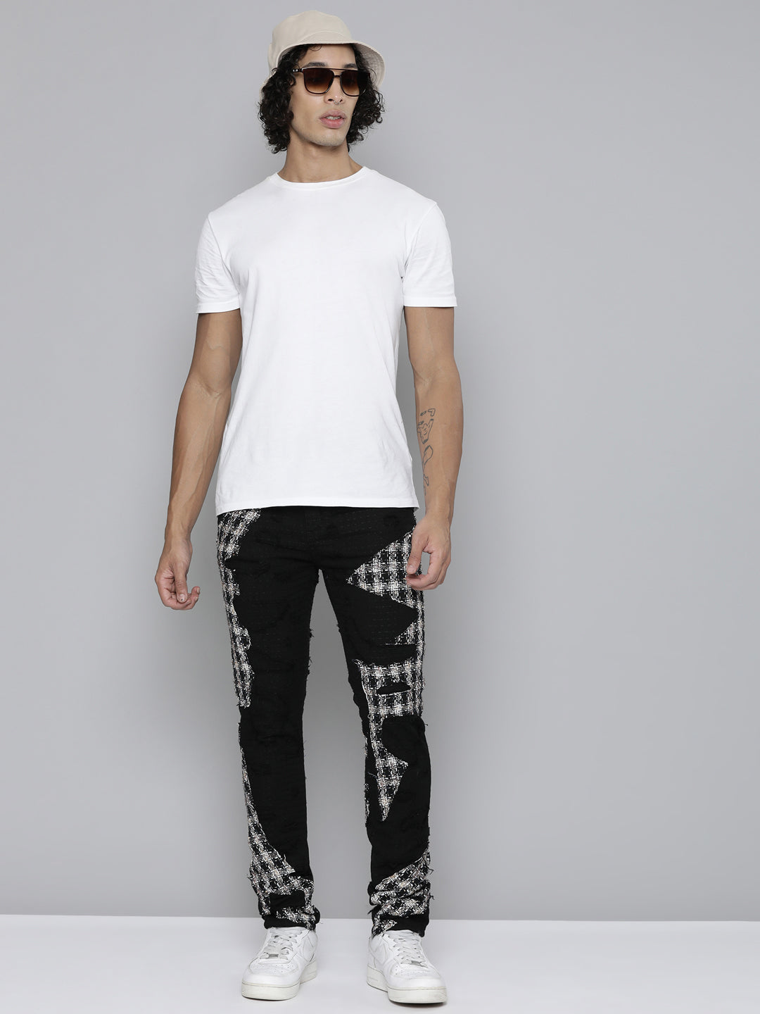 JET BLACK SKINNY JEAN WITH TWEED PATCHES