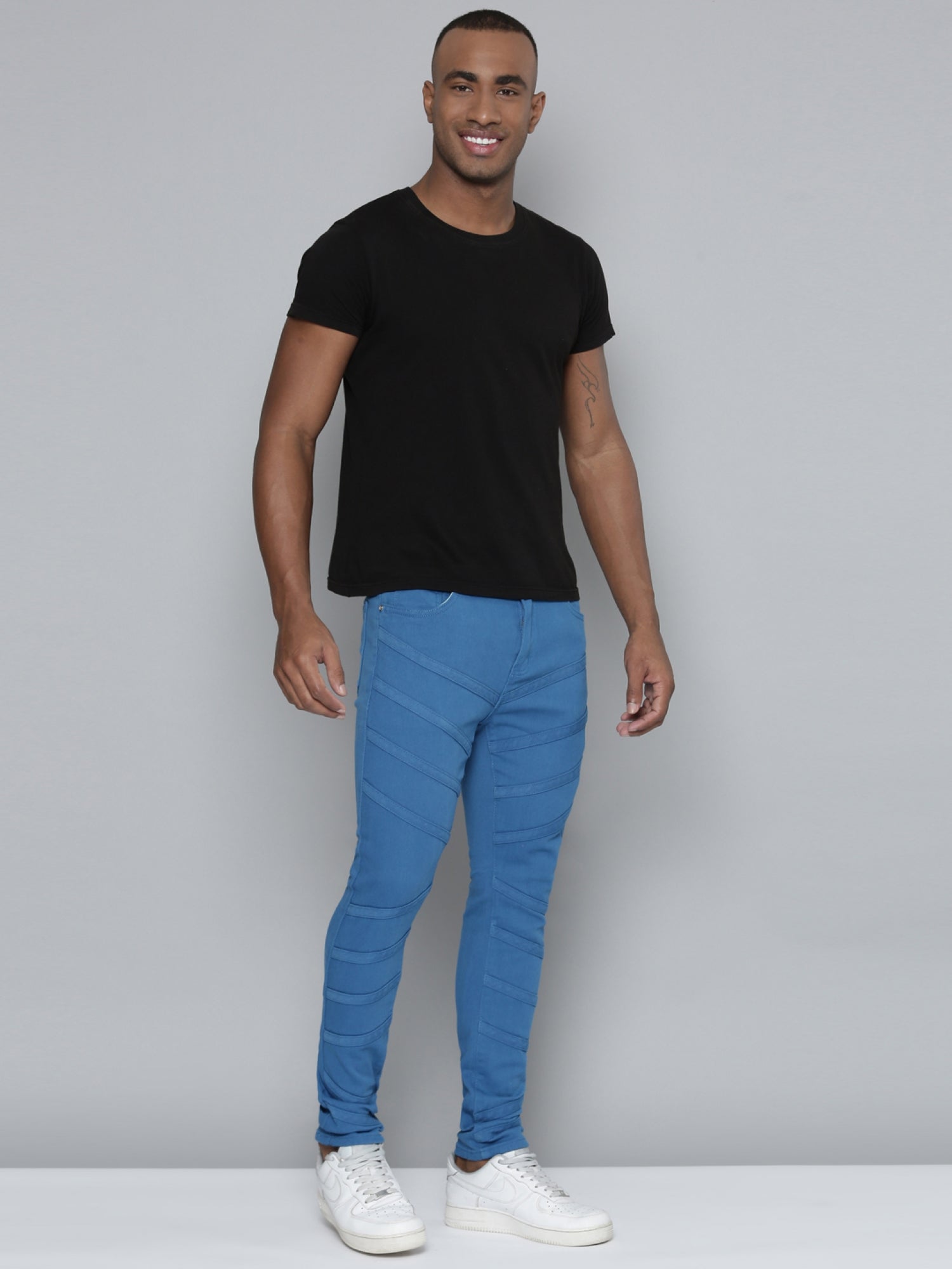 Cobalt Blue Stacked Jeans with Diagonal cut & sew