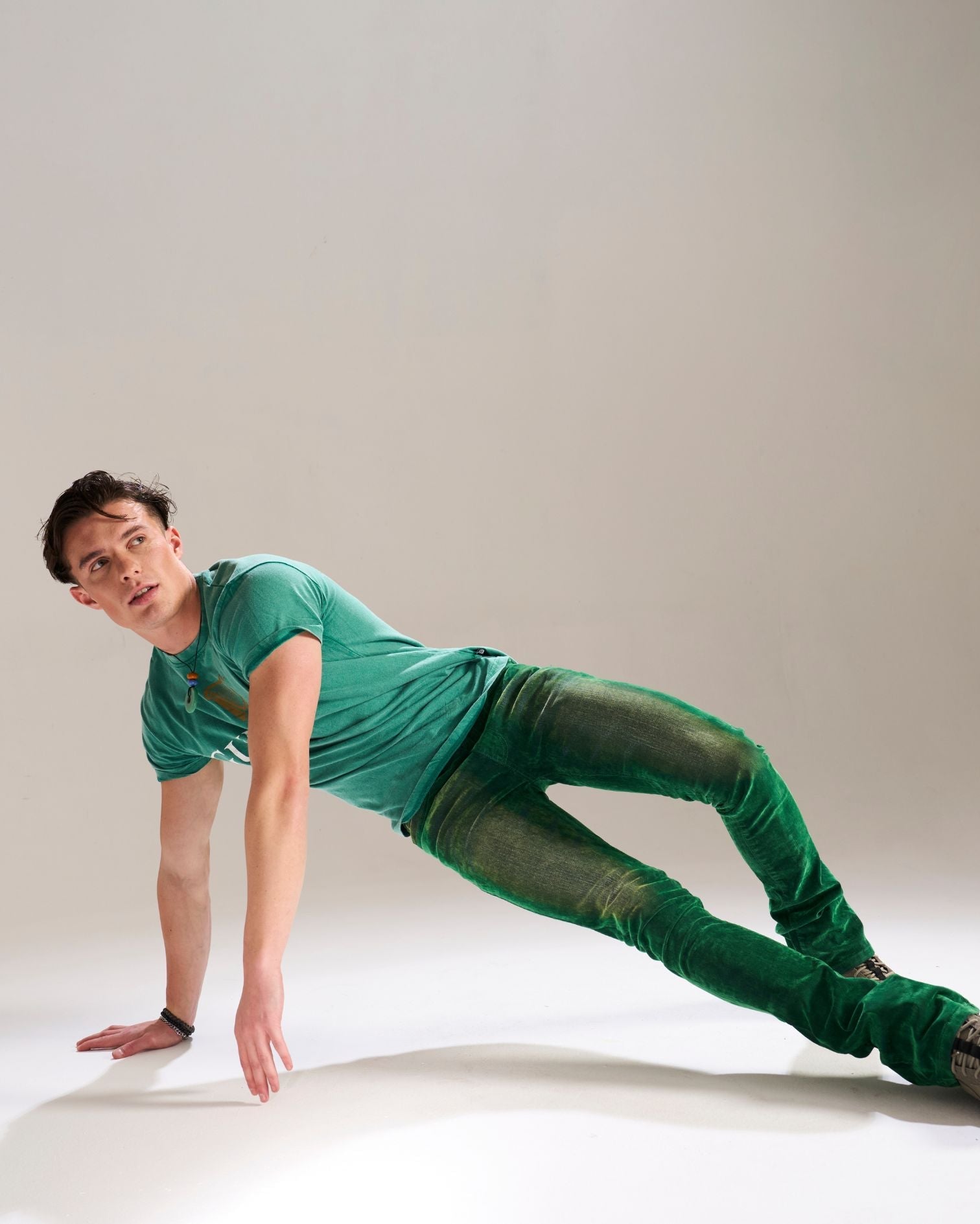 GREEN VELVET COATED STACKED JEAN