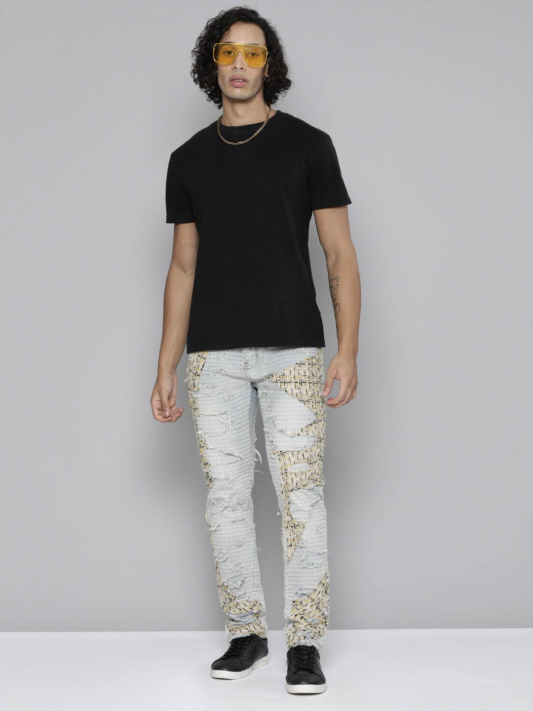 BLUE WASH SKINNY JEAN WITH TWEED PATCHES