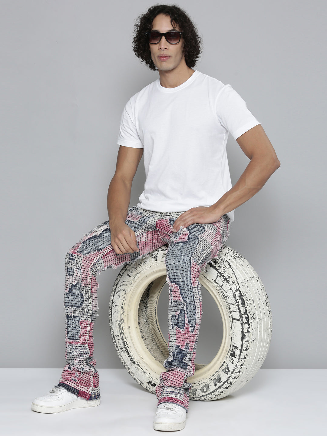 RED PATCHWORK ALL OVER STACKED JEAN