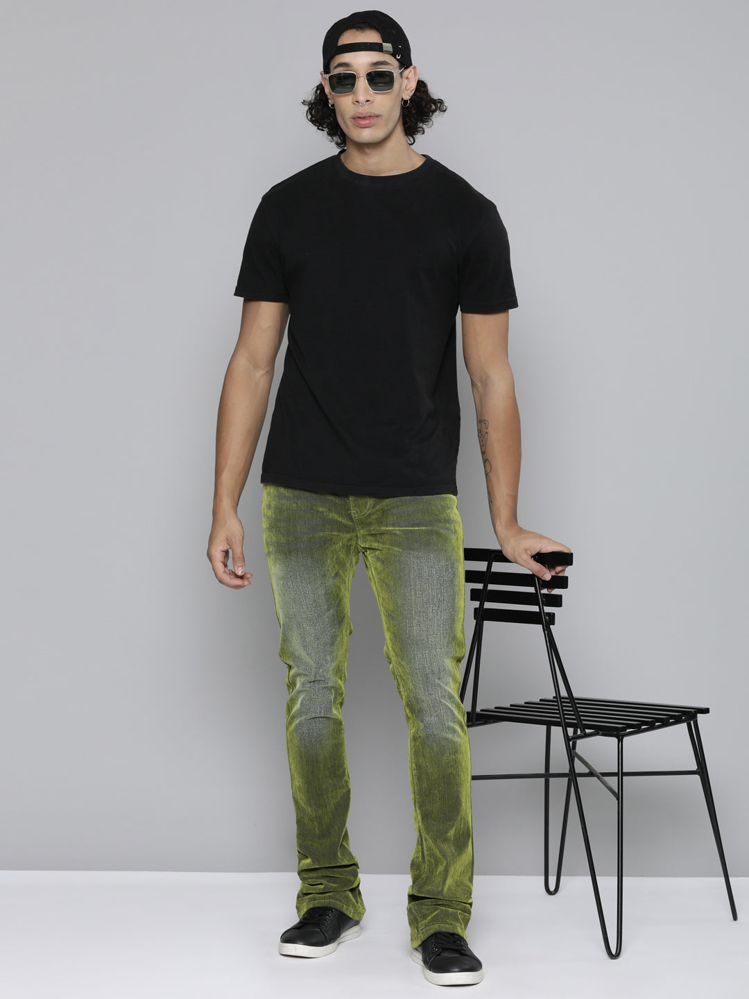 OLIVE VELVET COATED STACKED JEAN