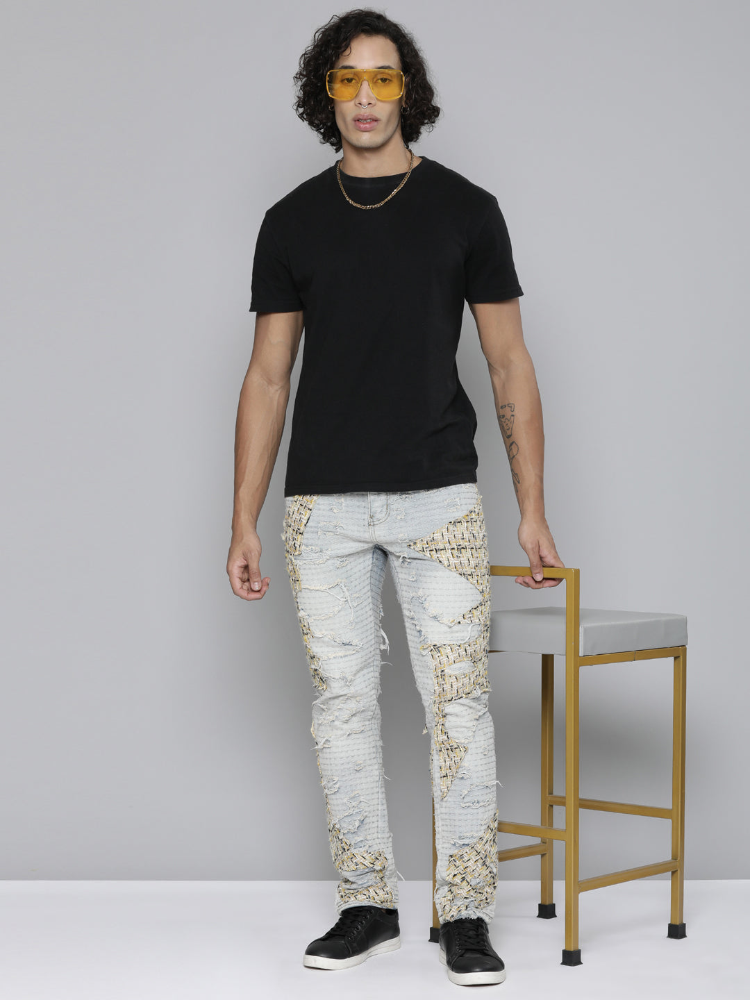 BLUE WASH SKINNY JEAN WITH TWEED PATCHES