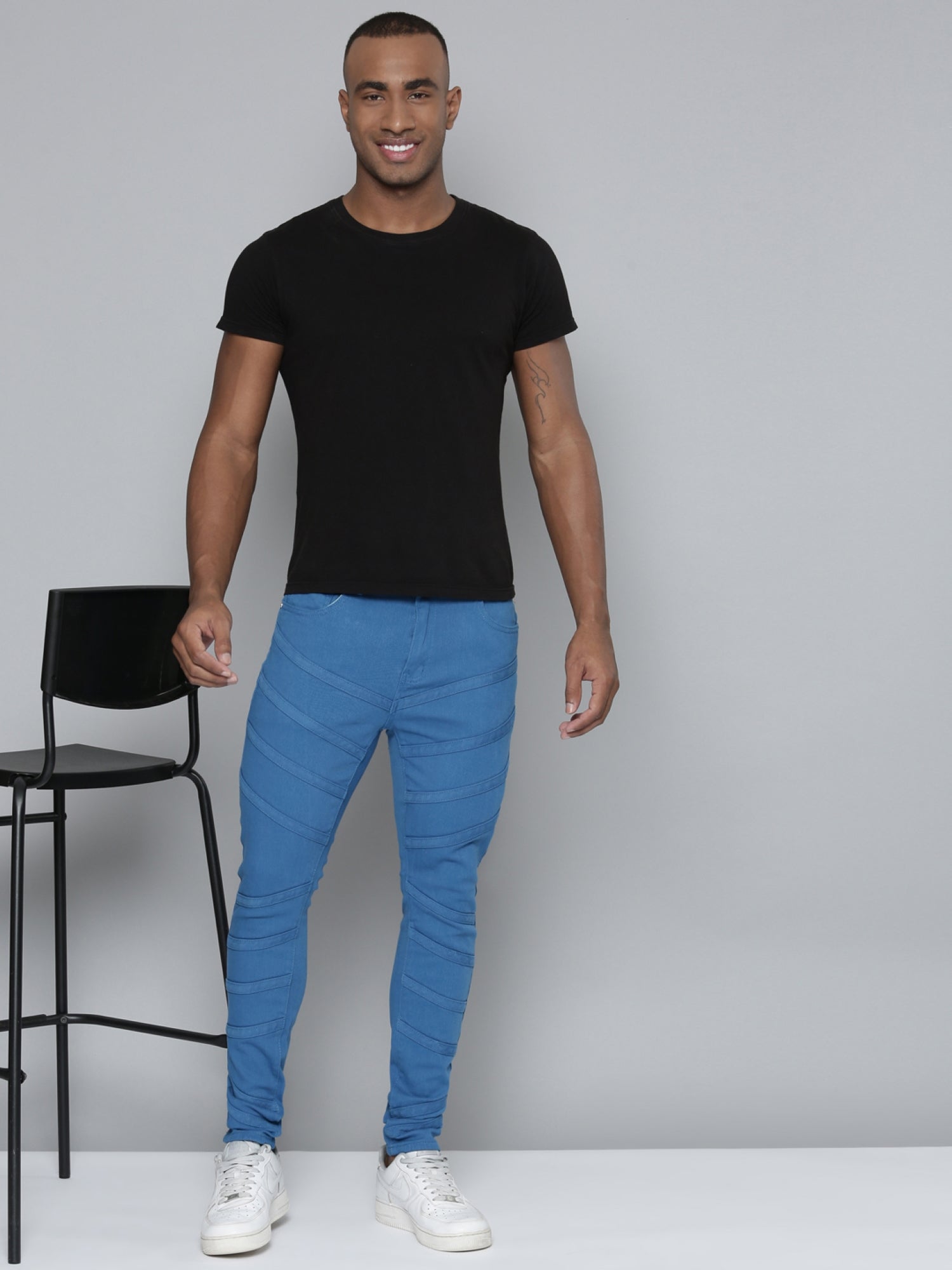 Cobalt Blue Stacked Jeans with Diagonal cut & sew