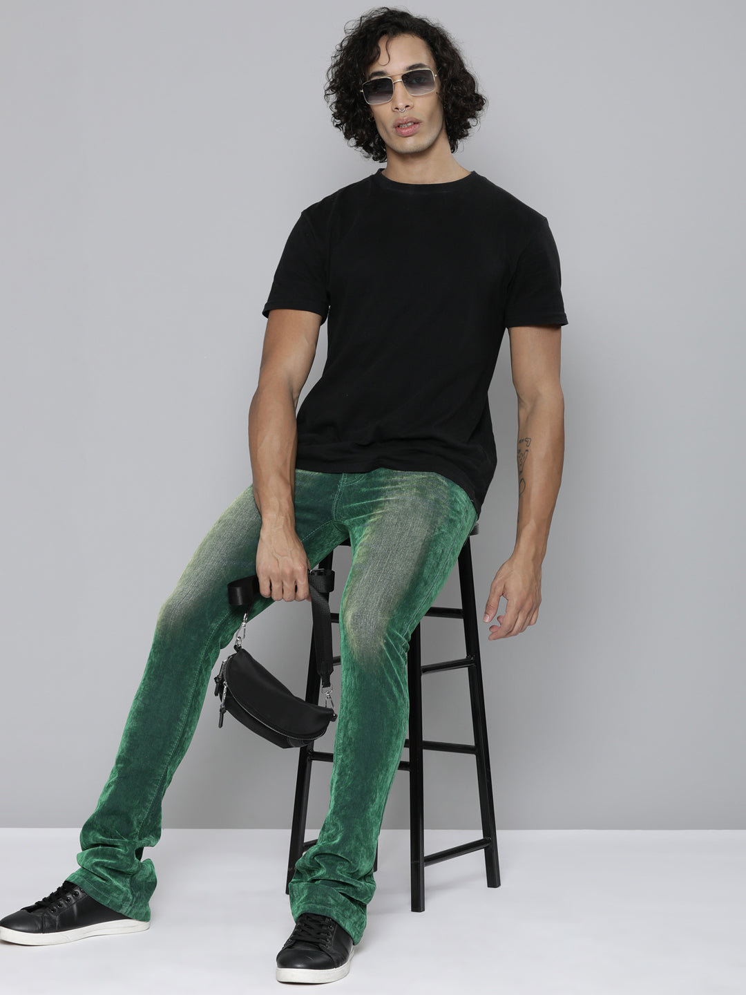 GREEN VELVET COATED STACKED JEAN